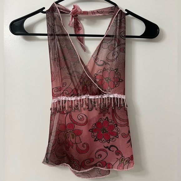 Free People Tops - Hand Made Pink Floral Halter Sheer Top